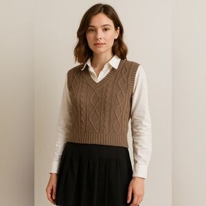 Romwe Brown Cable Knit Sweater Vest L | Academia Preppy Neutral Soft Girl